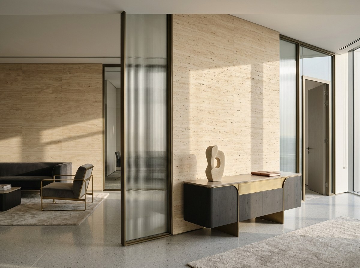 EON Global Group corporate advisory architectural interior with travertine stone, fluted glass, and sculptural details