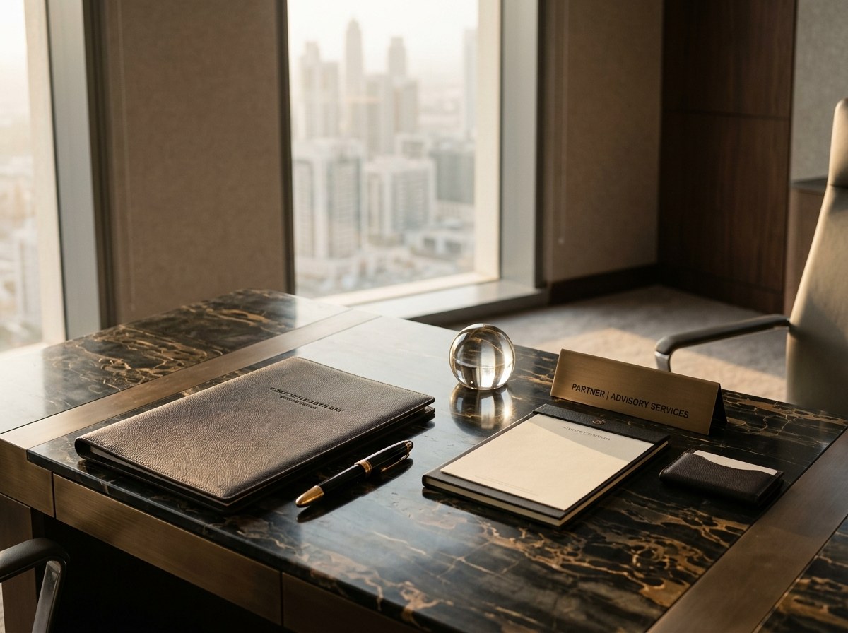 Executive corporate consultation workspace with bespoke leather portfolio, documents, gold pen, and architectural lighting